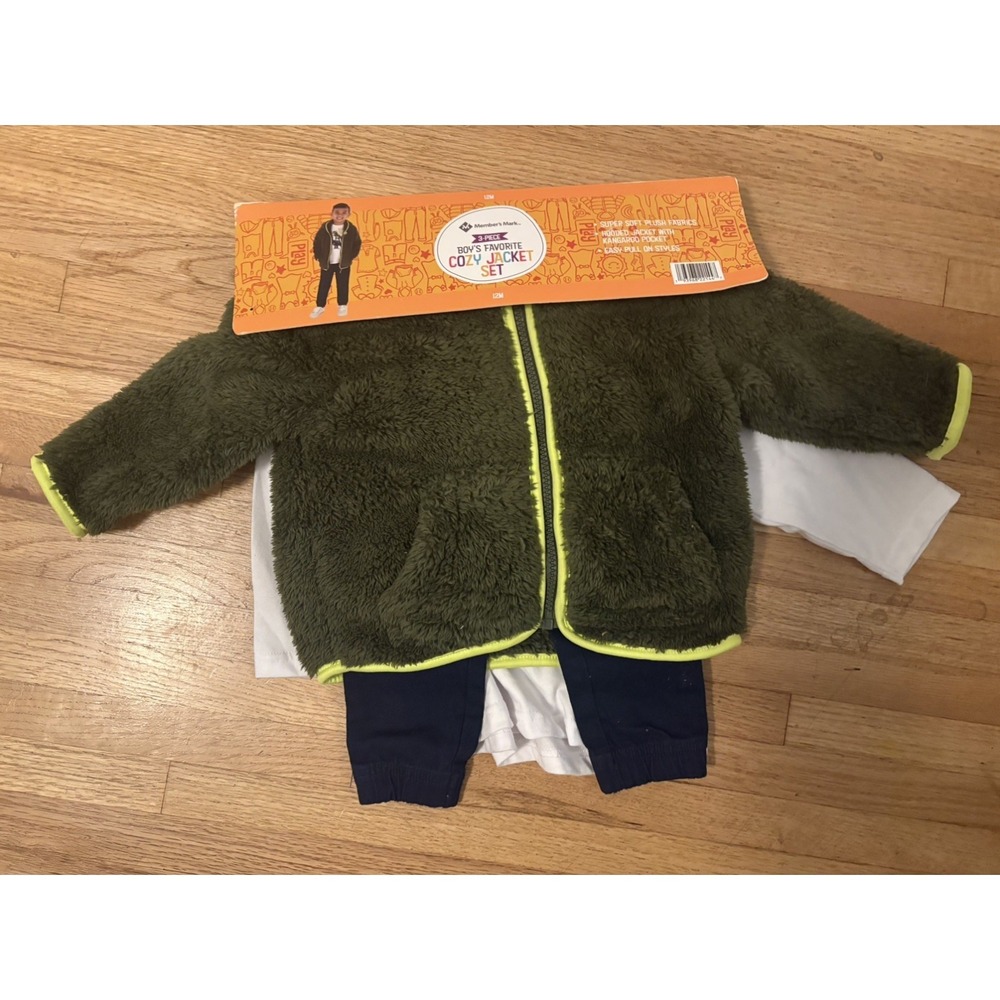 Members Mark 3 pc Boys Dinosaur Cozy Jacket Set Size 12M Shirt Pants Jacket